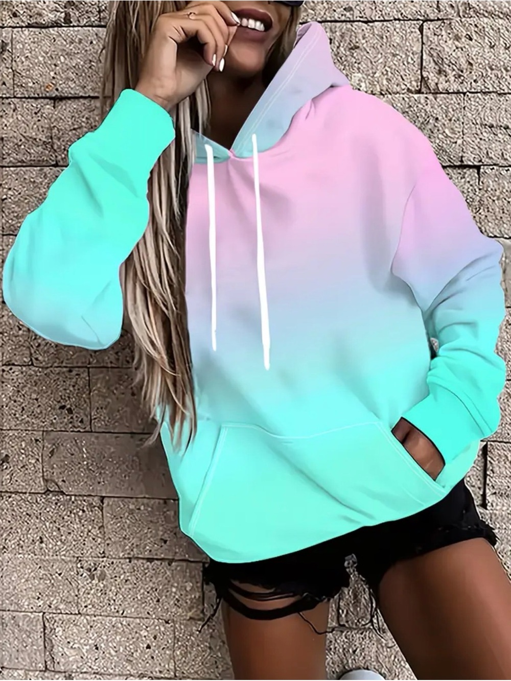 Pastel Ombre Hoodie Sweatshirt - Mint & Pink
